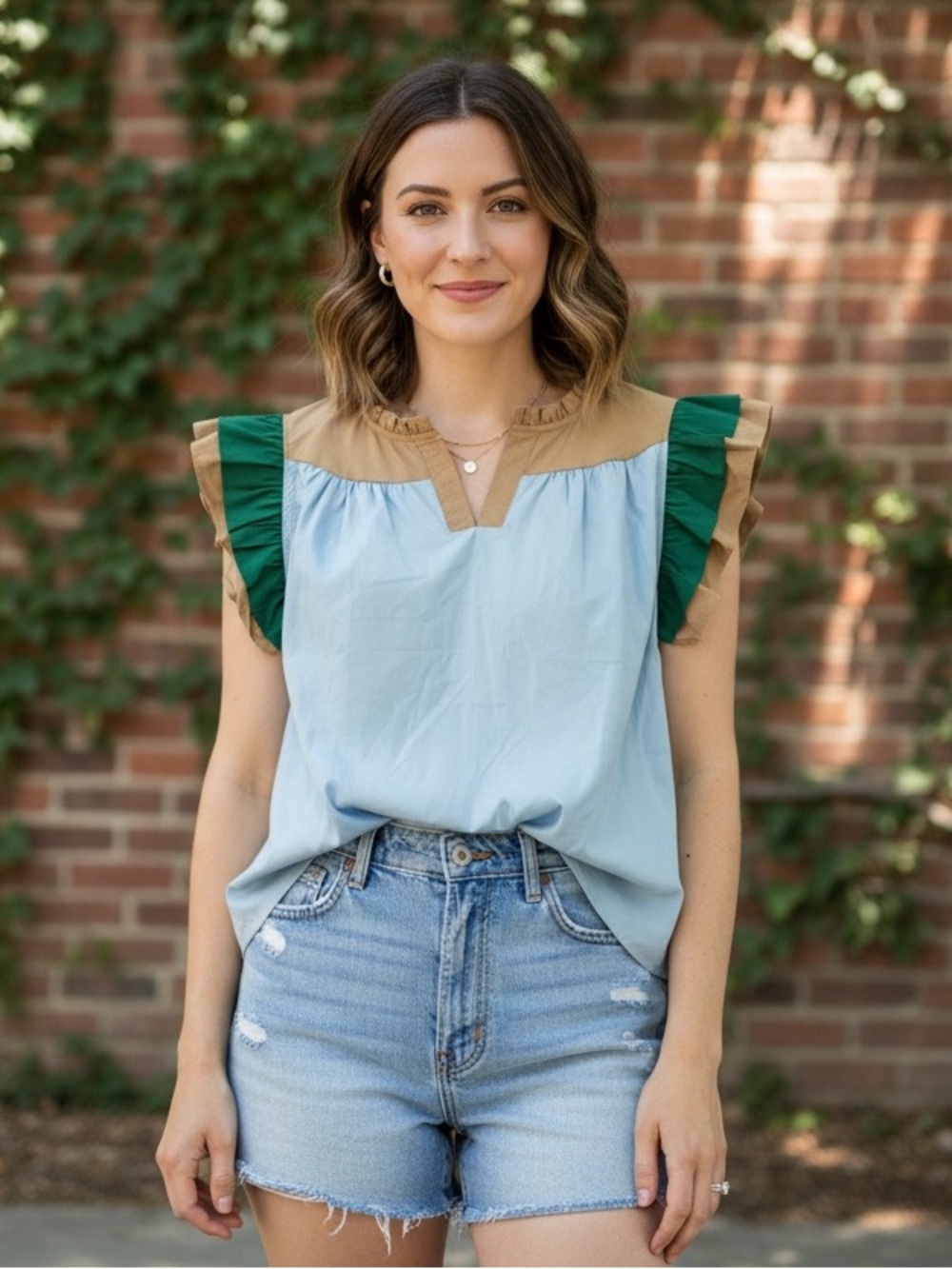 Society Boutique Light Blue Top Khaki Green Ruffle Sleeves Cottagecore  NWT